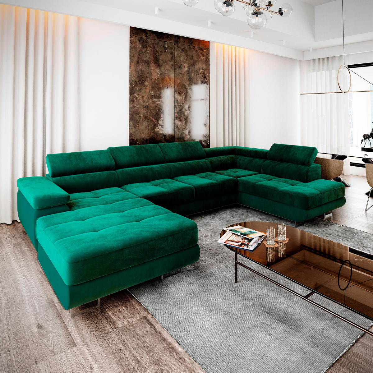 WOHNLANDSCHAFT CASONE R-S Grün Velours-Stoff mit Schlaffunktion - Grün, Holz (345/90/202cm) - MASSENO