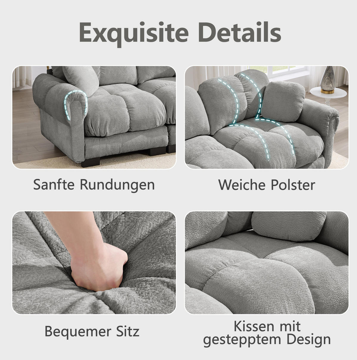 SOFA 260/86/90 cm in Hellgrau aus Chenille mit Steppnaht und Modulsystem - Hellgrau, Textil (86/90/260cm) - Flora Grace