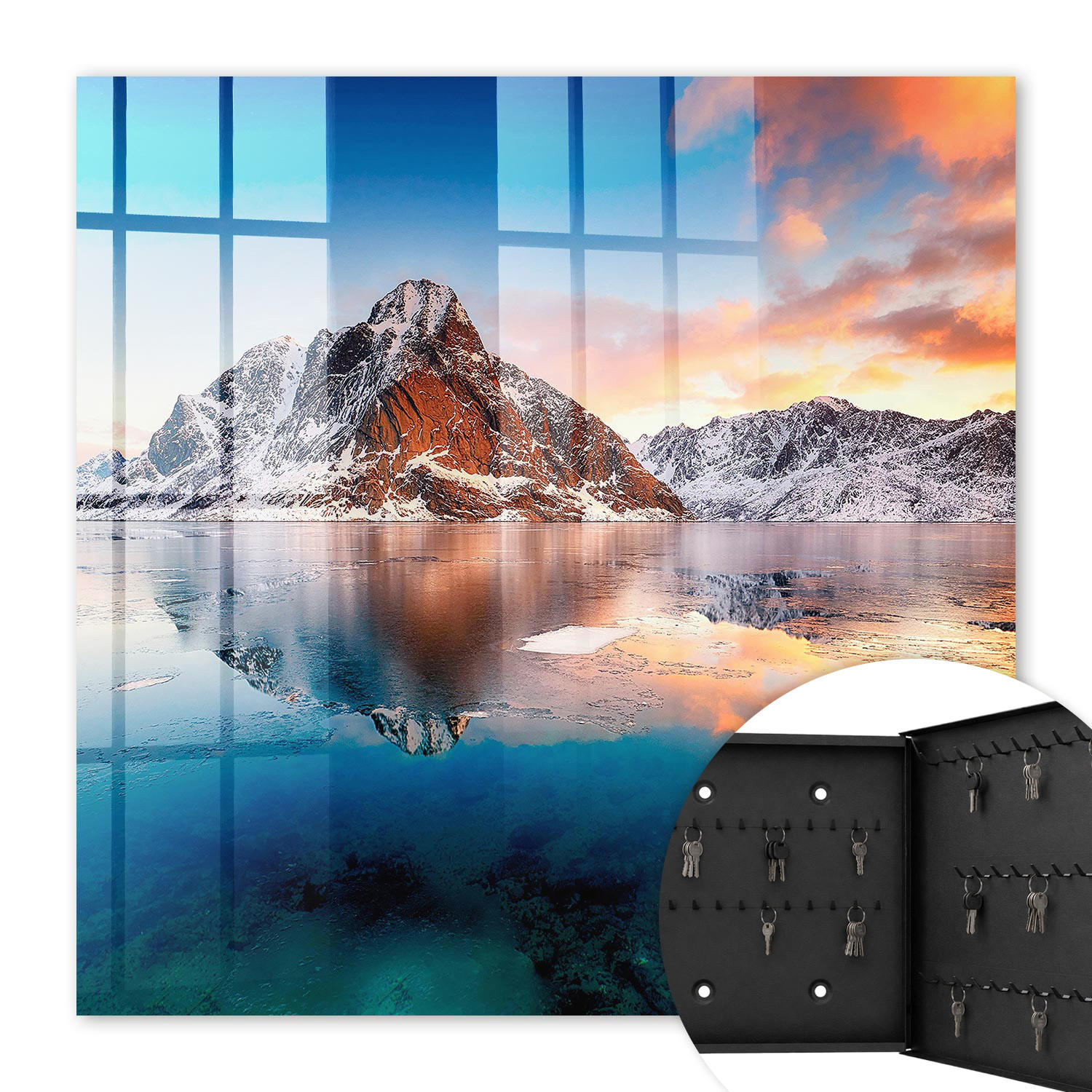 SCHLÜSSELBOX Schwarz 30x30 cm- Türöffnung nach rechts - Harmonie der Berge - Blau, Metall (30/30/5cm) - TULUP