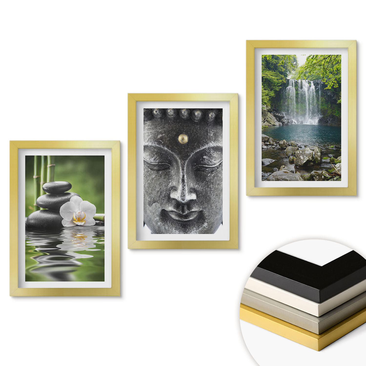 WANDBILDER 3er Set - 20x30 cm Goldrahmen - Harmoniesteine Wasser Buddha - Goldfarben, Kunststoff (20/30cm) - ArtPrintCave