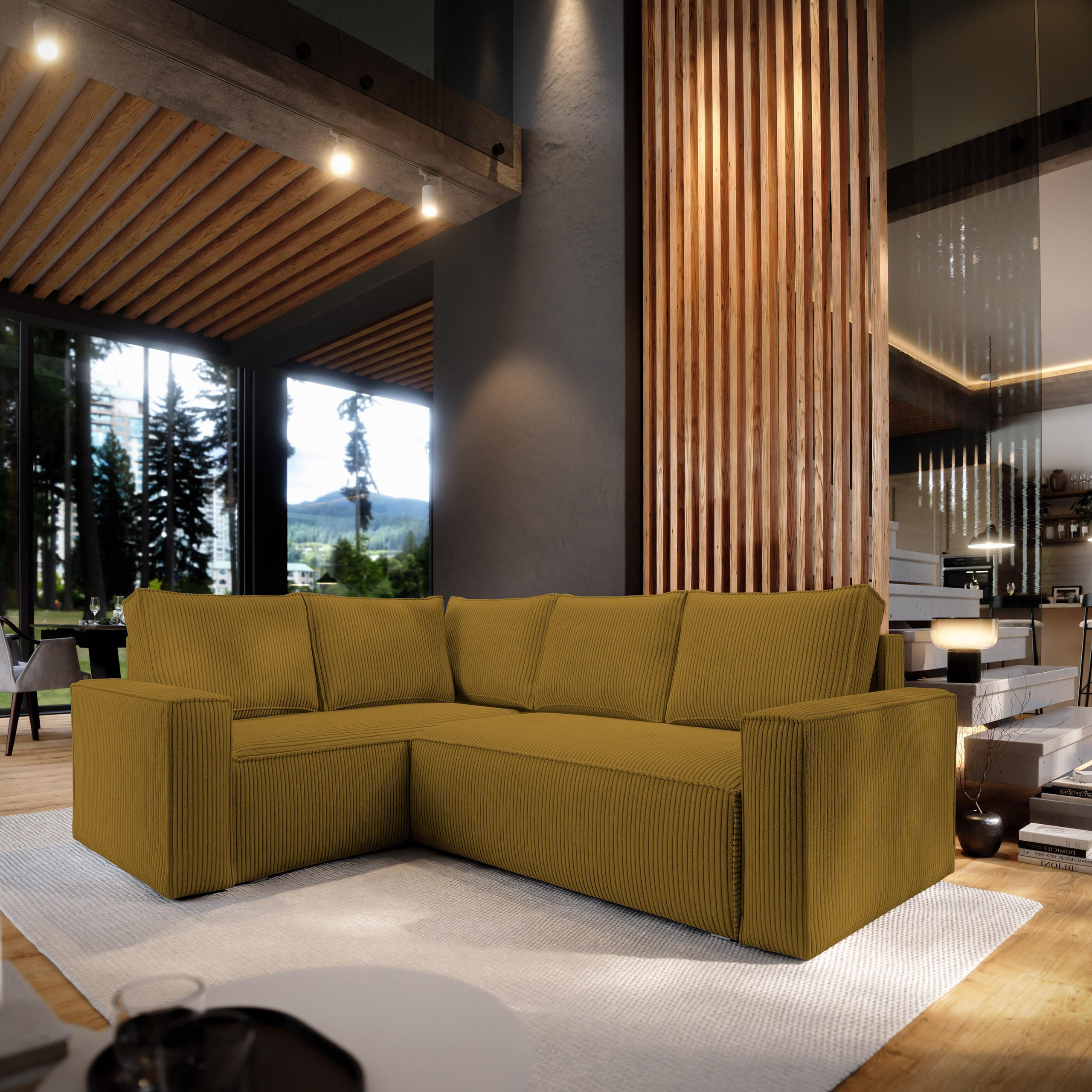 ECKSOFA ESTANO L-S Gelb Kordstoff mit Schlaffunktion - Gelb, Holz (230/158cm) - MASSENO