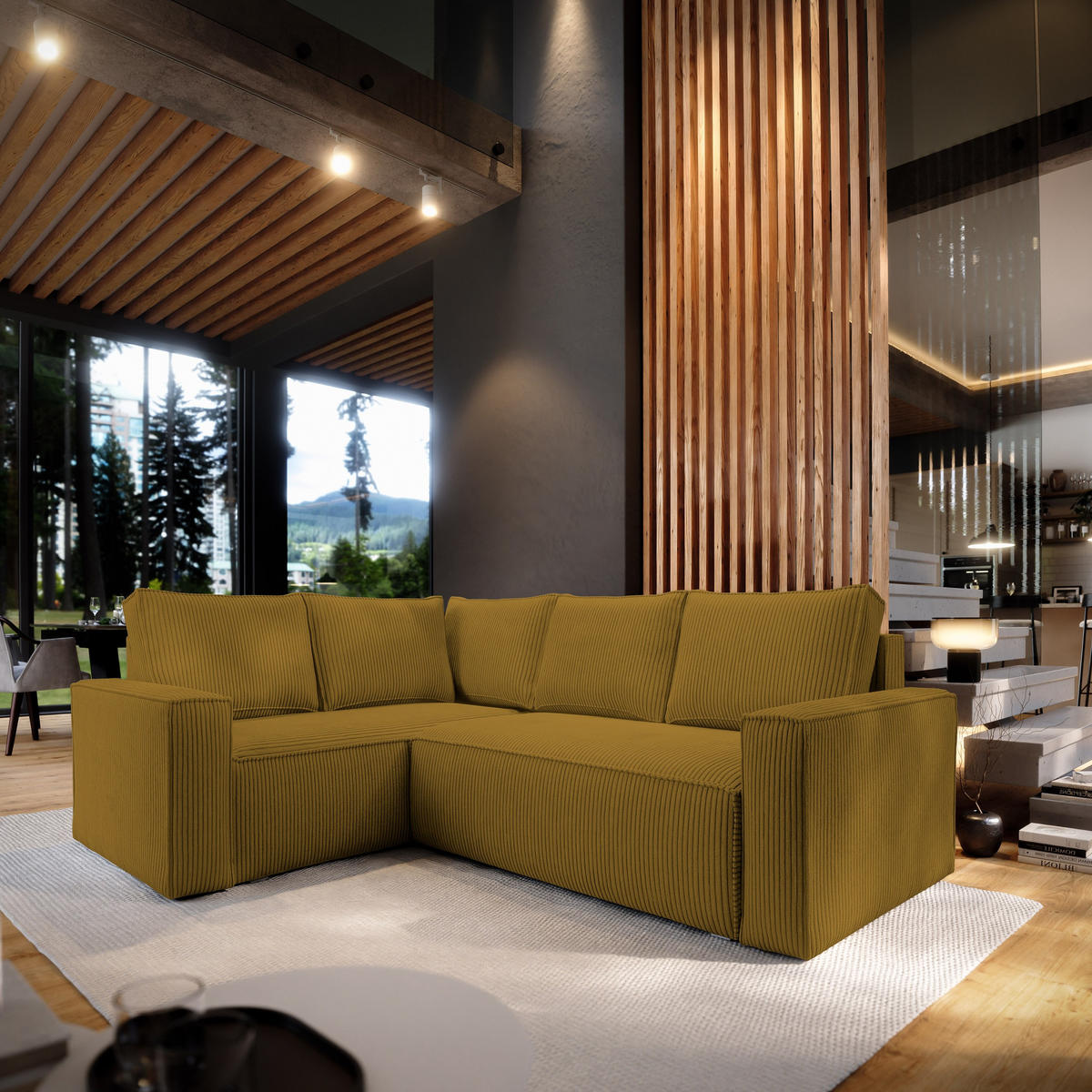 ECKSOFA ESTANO L-S Gelb Kordstoff mit Schlaffunktion - Gelb, Holz (230/158cm) - MASSENO