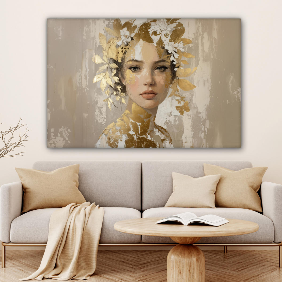 LEINWANDBILD Gesicht - Frau - Blätter - Gold Wohnzimmer Groß 120x80 cm - Beige, Textil (120/80cm) - MuchoWow