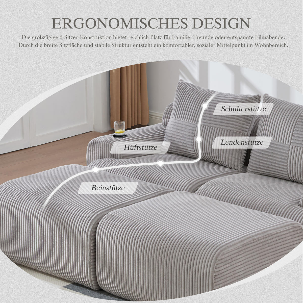 MODULARES 2-Sitzer Sofa Cord mit Getränkehalter und Seitentasche 200/174/80 cm Hellgrau - Hellgrau, Textil (174/80/200cm) - Redom