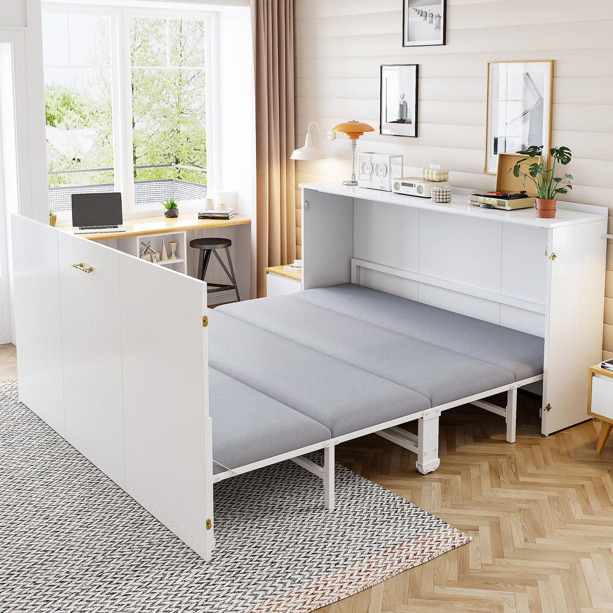 KLAPPBETT 140/200 cm in Weiß mit Rollen und Leinenmatratze - Weiß, Holzwerkstoff/Textil (140/200cm) - WISHDOR