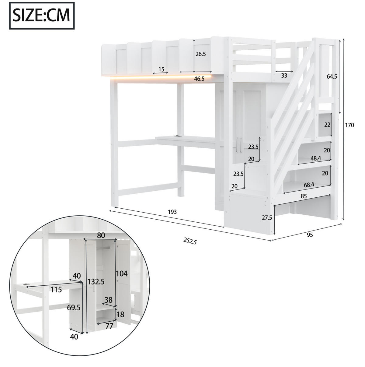 HOCHBETT 90/200 cm aus Holz mit Schreibtisch und Stauraum Weiß - Weiß, Holz (90/200cm) - OKMYHOME