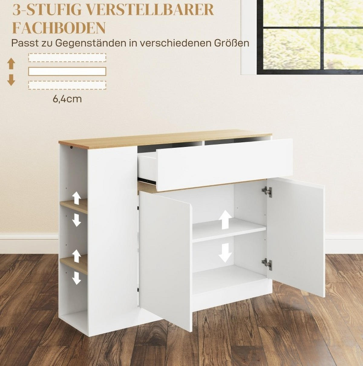 SIDEBOARD aus Holzwerkstoff 105x30x81,5 cm Weiß mit Schublade, verstellbaren Einlegeböden und Kippschutz - Weiß, Holzwerkstoff (105/81.5/30cm) - Modfu