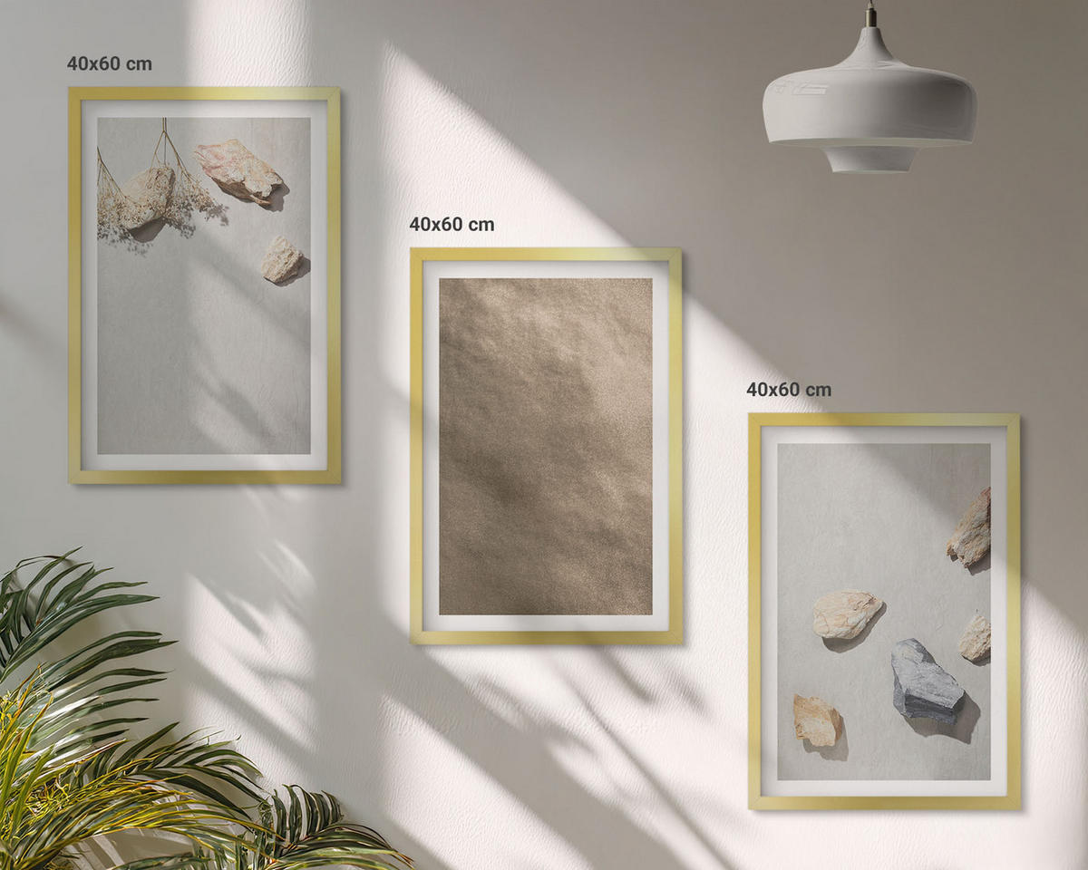 BILDER SET 3er Set - 40x60 cm Goldrahmen - Steine Strand natürliche Strukturen - Goldfarben, Kunststoff (40/60cm) - TULUP
