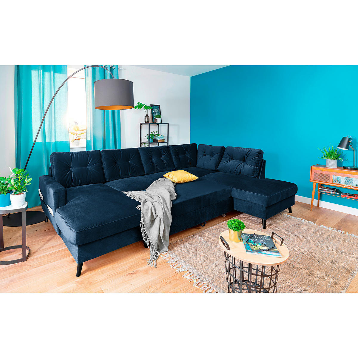 WOHNLANDSCHAFT mit Longchair - Schwarz/Dunkelblau, Buchenholz/Textil (297/90/200cm) - home24