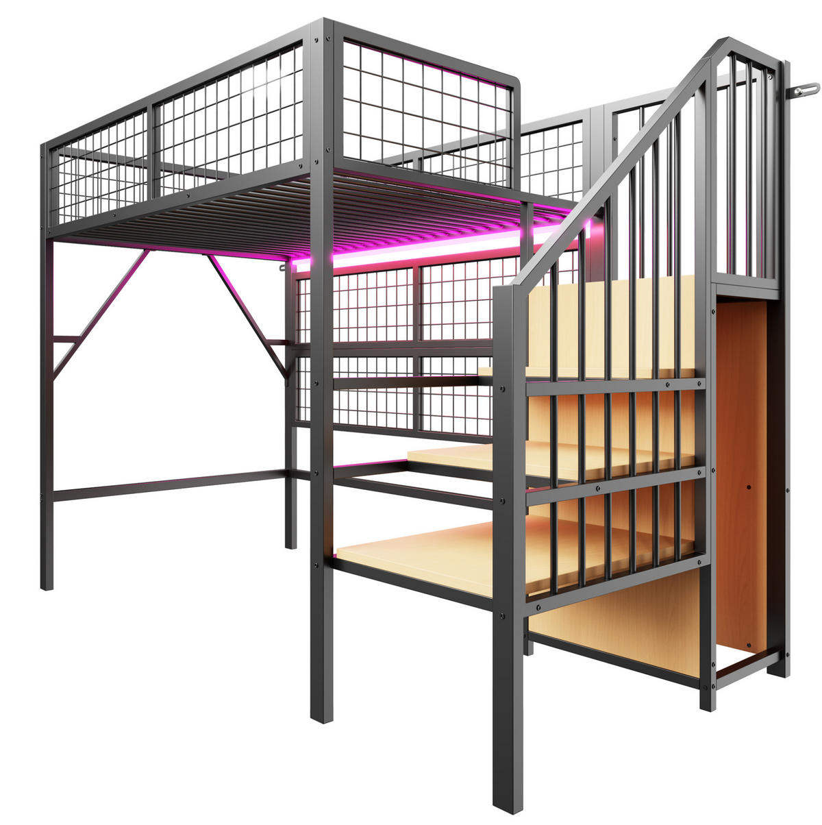 HOCHBETT 90/200 cm aus Metall mit LED-Beleuchtung und Stauraumtreppe, Schwarz - Schwarz, Metall (90/200cm) - Flora Grace