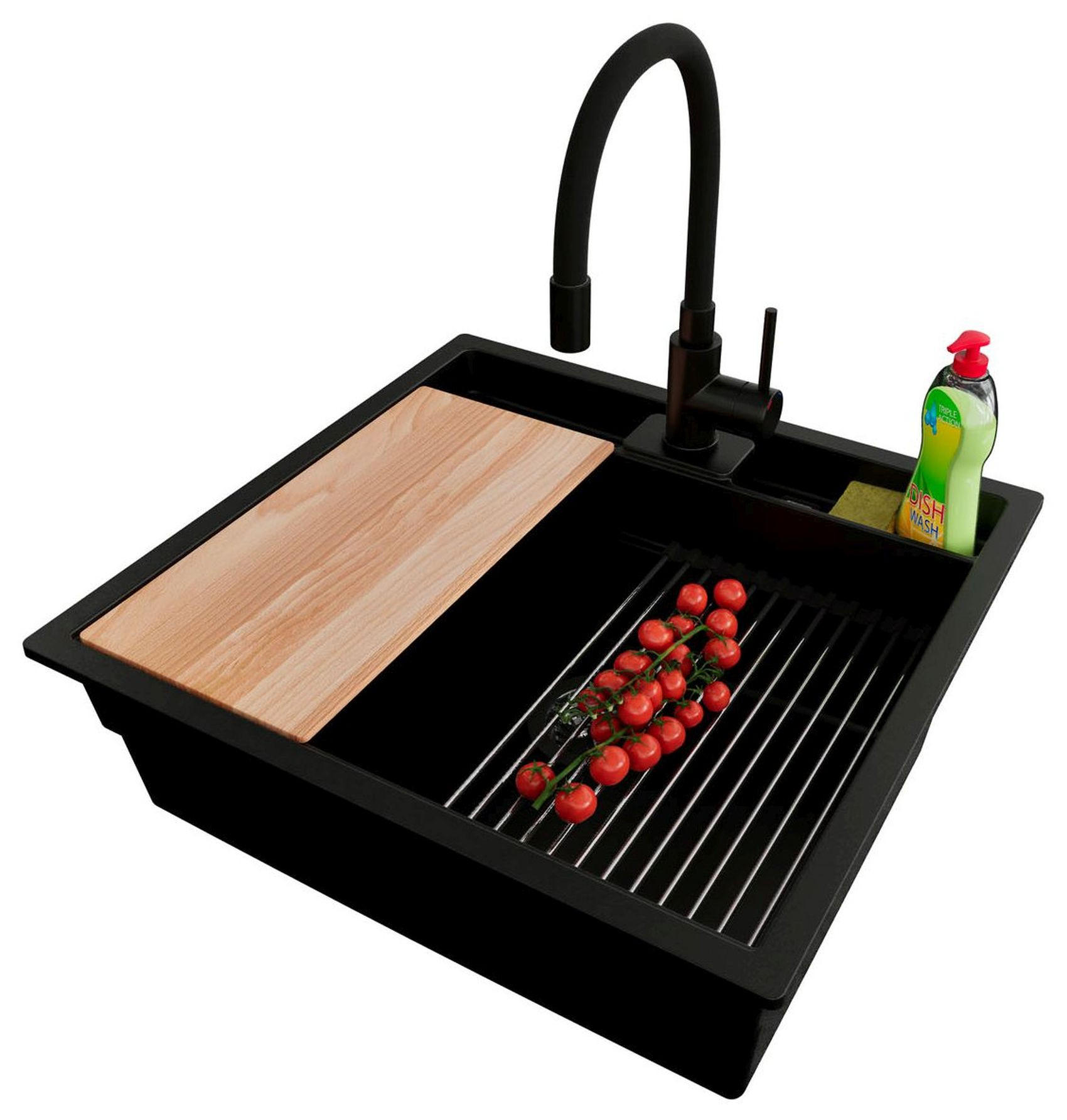 UNTERBAUSPÜLE GRANIT Bergen Pocket, 2-er set Schwarz 56/54 cm 1 Becken + Küchenarmatur 40/38 cm + Ablauf-Set + Küchenzubehörset ab 60er Unterschrank - Chromfarben/Beige, Kunststoff (56/20/54cm) - Primagran