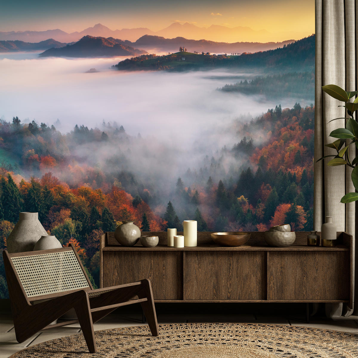 FOTOTAPETE für Wohnzimmer Nebelwald Sonnenuntergang Berge Bäume 350x256 - Beige/Rot, Papier (350/256cm) - Muralo