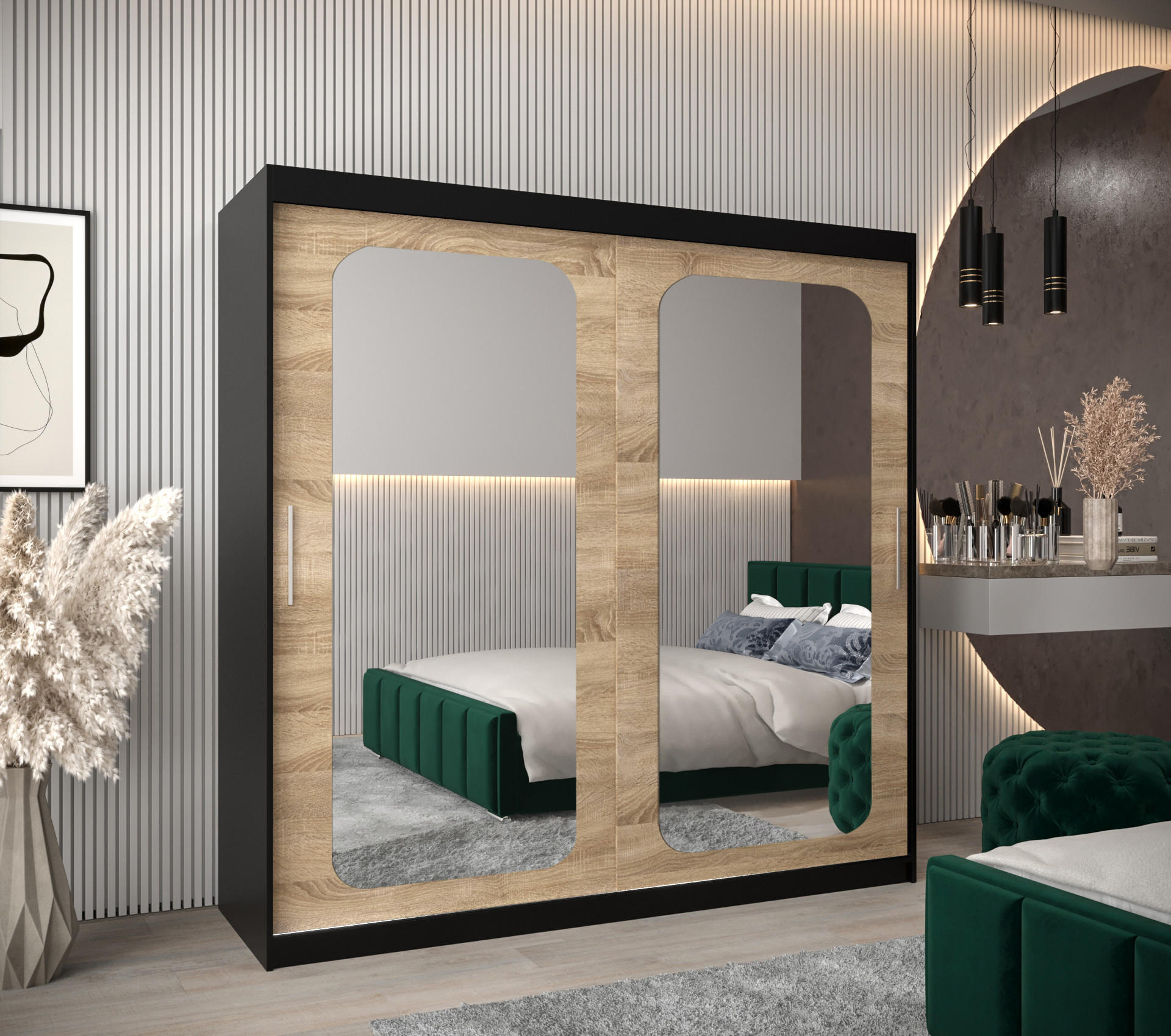 SCHWEBETÜRENSCHRANK 200/200/62 2-türig - Silberfarben/Schwarz, Holz/Kunststoff (200/200/62cm) - Abiks Möbel