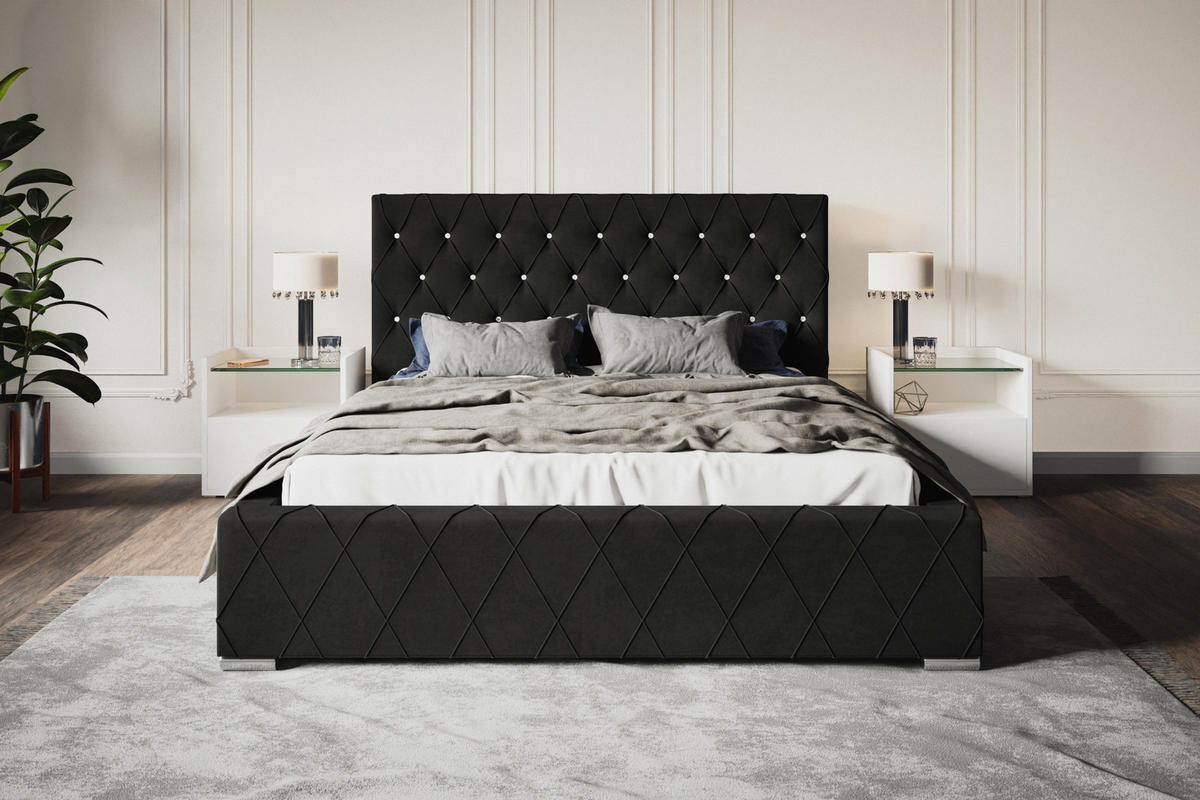 POLSTERBETT Berlin, 160x200 cm, mit Bettkasten und Lattenrost aus Holz, Velourstoff, Farbe: Schwarz - Schwarz, Holz/Kunststoff (160/200cm) - Alpi-Möbel