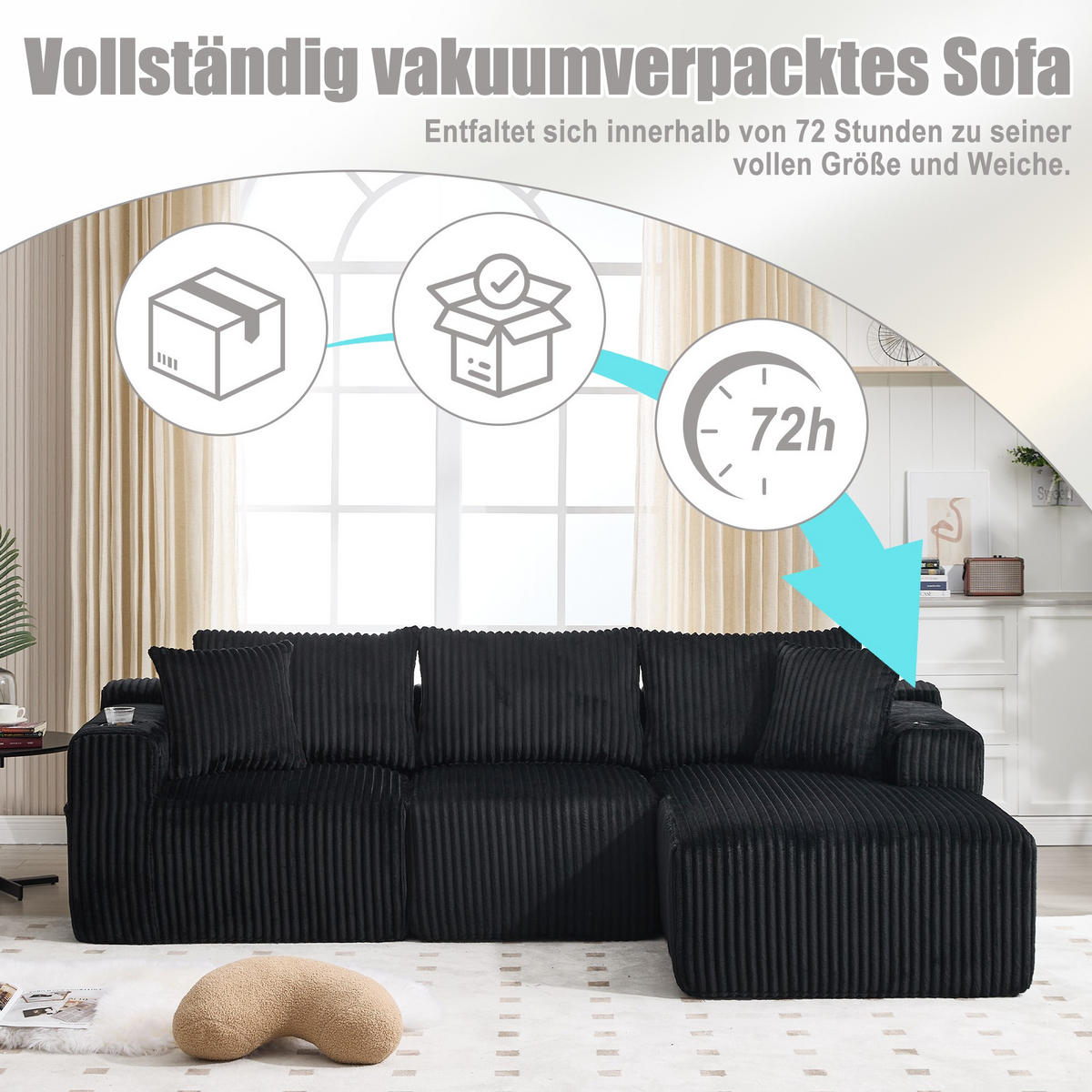 ECKSCHLAFSOFA Modulares Sofa mit Schlaffunktion,Chaiselongue + Zweisitzer,Schwarz - Schwarz, Textil (257/160cm) - LVHOM