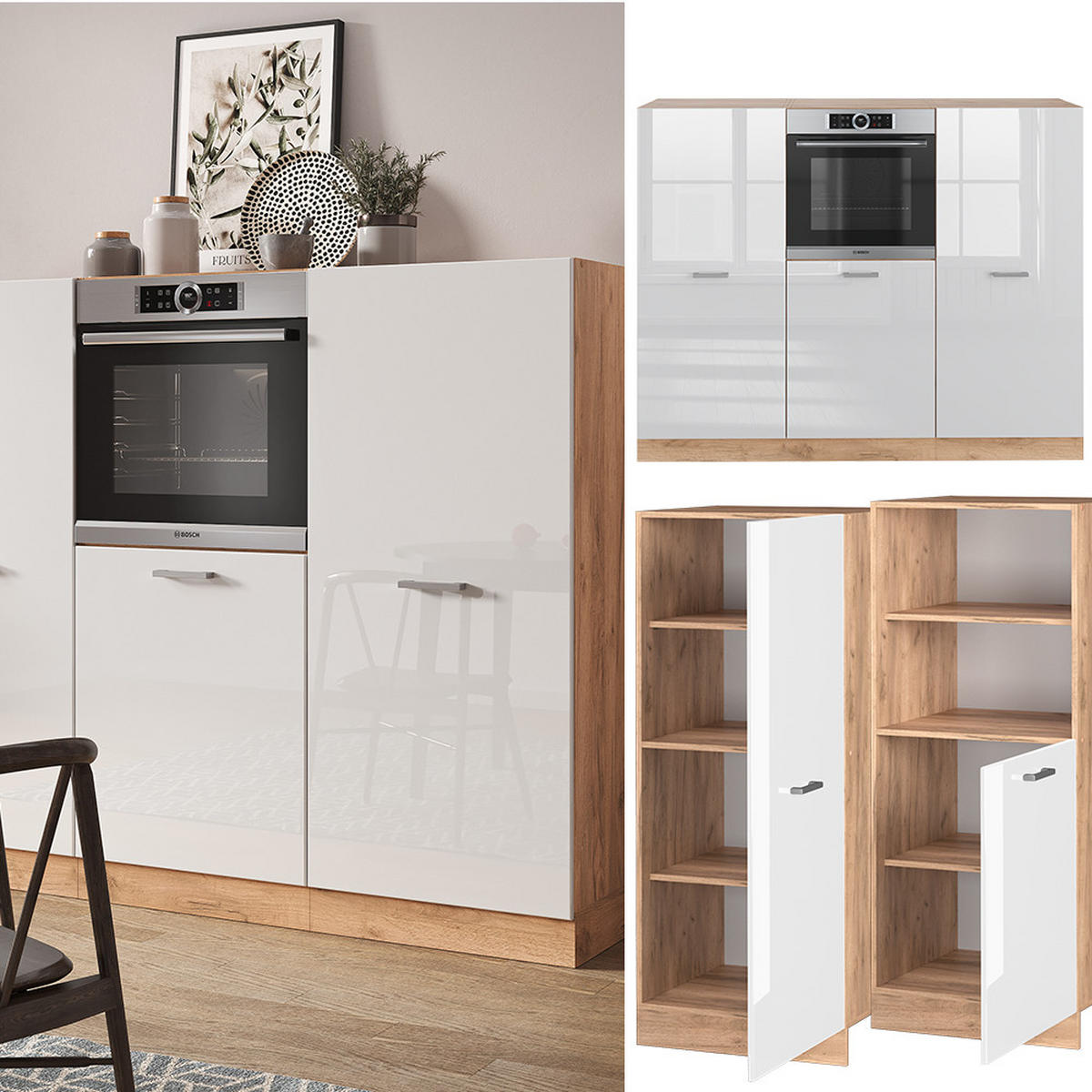 KÜCHENBLOCK R-Line Weiß Hochglanz/Goldkraft Eiche 180 cm ohne AP - Honigeiche/Weiß Hochglanz, Holzwerkstoff (180/81.6/46cm) - Vicco