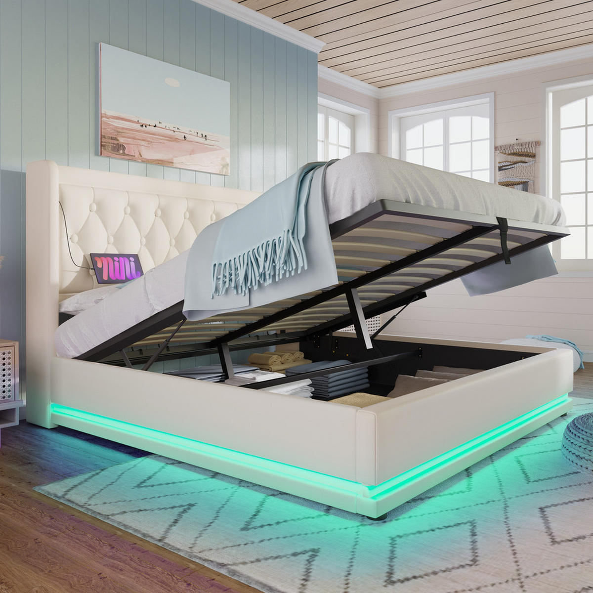 POLSTERBETT 160x200cm Doppelbett hydraulisch LED & USB-C Weiß PU - Weiß, Holz - FLIEKS