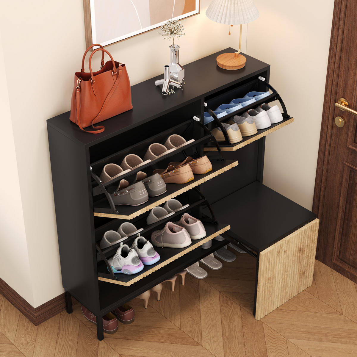 SCHUHSCHRANK mit 2 Schubladen und 2 Türen, strukturierte Paneele mit vergoldeten Akzenten, 100/25/100 cm, Schwarz und Holzfarbe - Naturfarben, Holzwerkstoff (100/25/100cm) - Redom