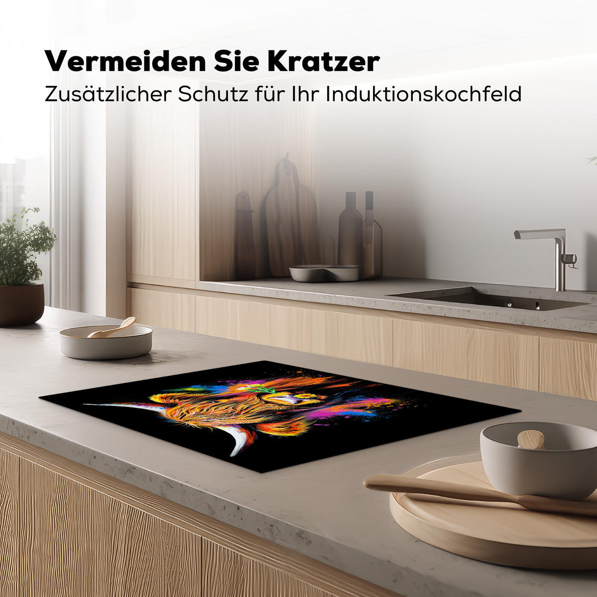 HERDABDECKPLATTE Schottischer Highlander - Graffiti - Bunt - Blume - Tiere Herdabdeckung Induktionsfeld 70x52 cm - Multicolor, Kunststoff (70/52/0.2cm) - MuchoWow