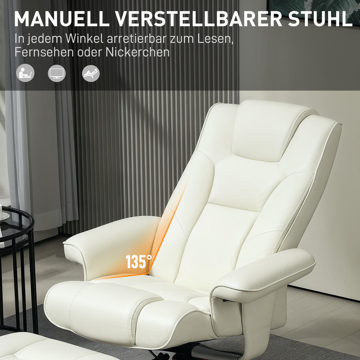 RELAXSESSEL mit Hocker 84/84/104 cm in Cremeweiß mit Liege- und Schaukelfunktion - Creme, Leder (84/104/84cm) - BEAOK