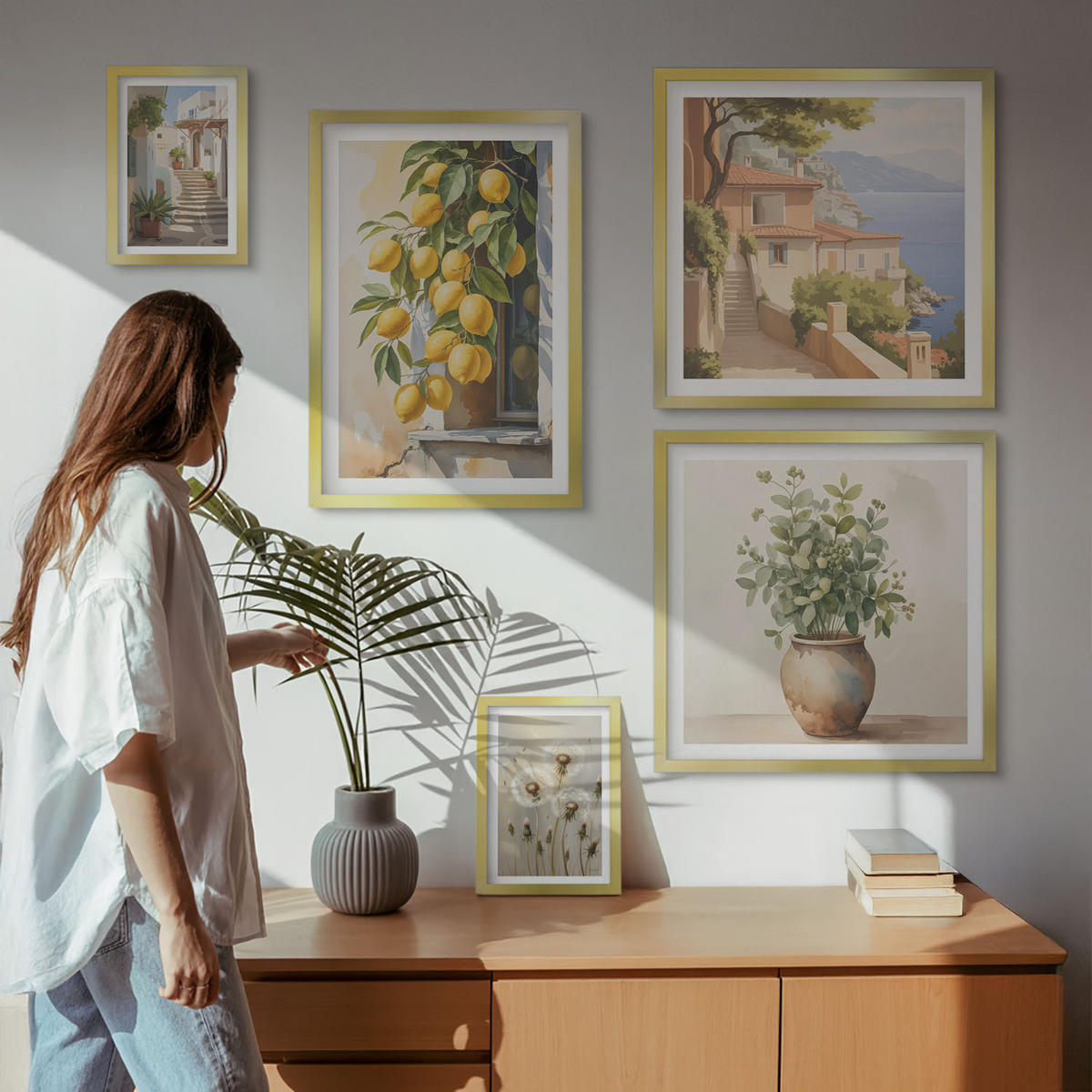 BILDER SET 5er Set - 50x50 cm & 20x30 cm & 40x60 cm Goldrahmen - Lemon Streets Meerblick - Goldfarben, Kunststoff (40/60cm) - TULUP