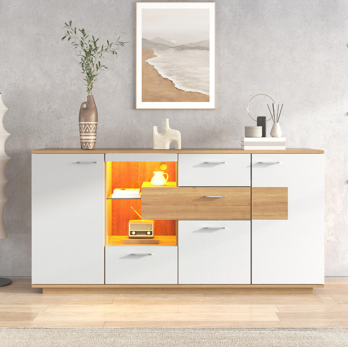 SIDEBOARD 160/40/77 cm Natur/Weiß aus MDF mit LED und 4 Schubladen - Naturfarben, Holzwerkstoff (160/77/40cm) - OKWISH