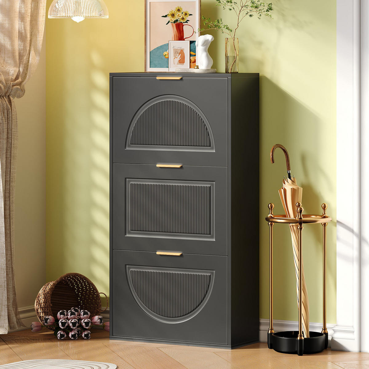 SCHUHSCHRANK Schmal 3 Klappen Schwarz 60x24x114cm - Schwarz, Holzwerkstoff (24/114/60cm) - FLIEKS