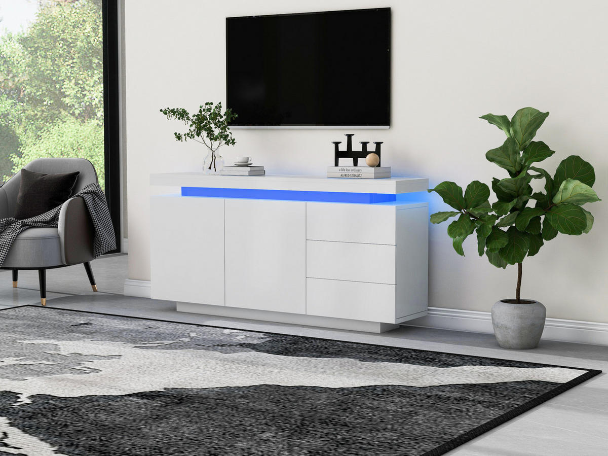 SIDEBOARD 140/35/72,5 cm in Weiß mit LED-Beleuchtung und 3 Schubladen - Weiß, Holzwerkstoff (140/72.5/35cm) - Flora Grace