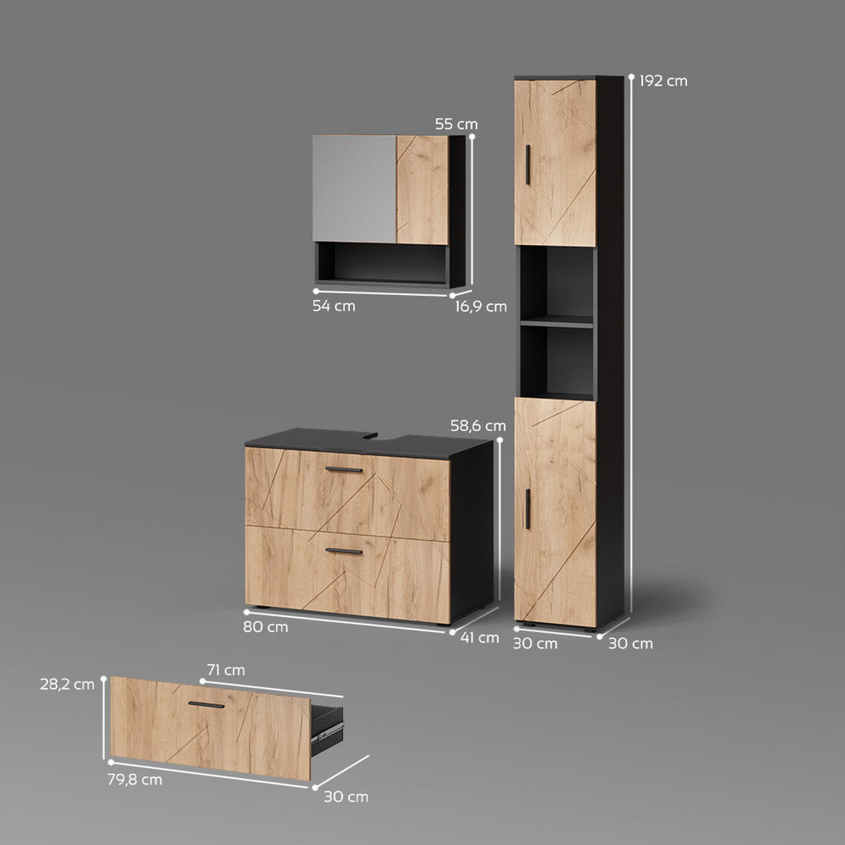 BADMÖBEL-SET Ronco Goldkraft Eiche/Anthrazit 3 Teile, mit Schubladenschrank und Hochschrank - Anthrazit/Eiche Wotan, Holzwerkstoff (80/58/41cm) - Livinity®