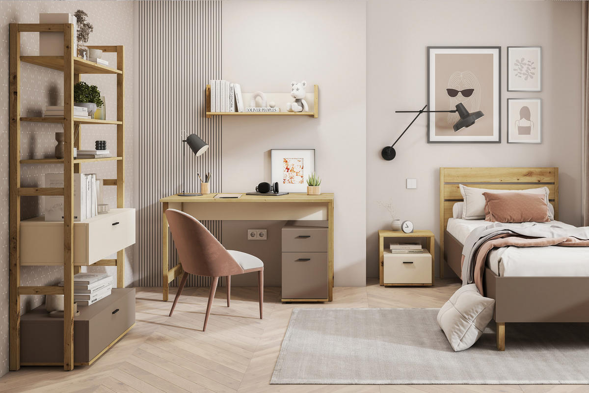 KINDER-BÜCHERREGAL TRIDA mit Schubladen, creme/braun/artisan oak - Creme/Braun, Holz (85/180/40cm) - KONSIMO®