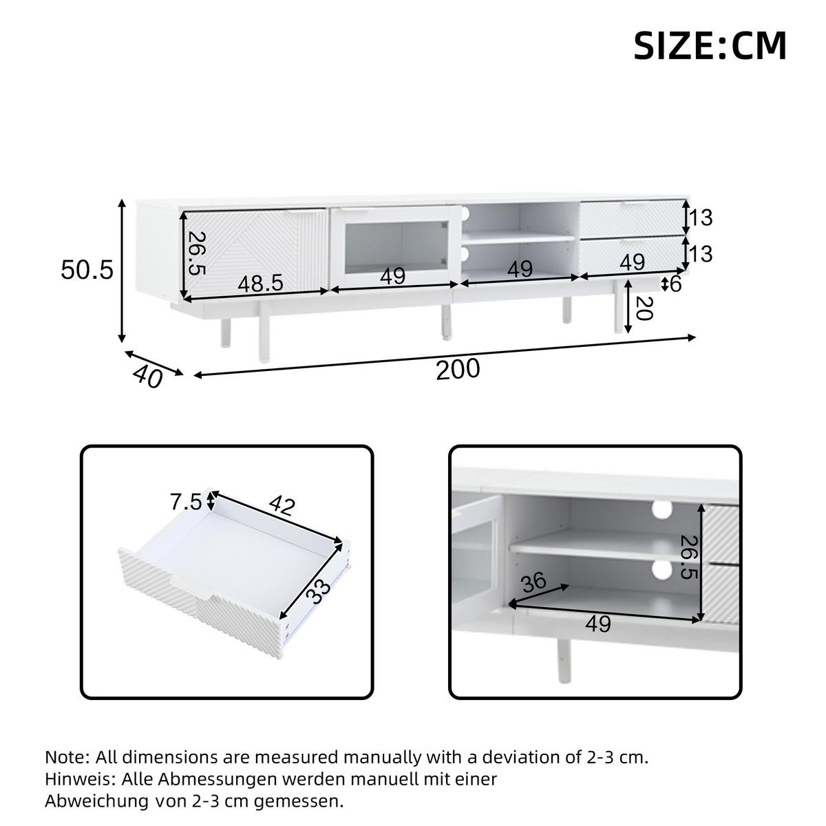 TV-SCHRANK 200/40/50,5 cm weiß Spanplatte mit 2 Türen und 2 Schubladen - Weiß, Holzwerkstoff (200/50.5/40cm) - OKWISH