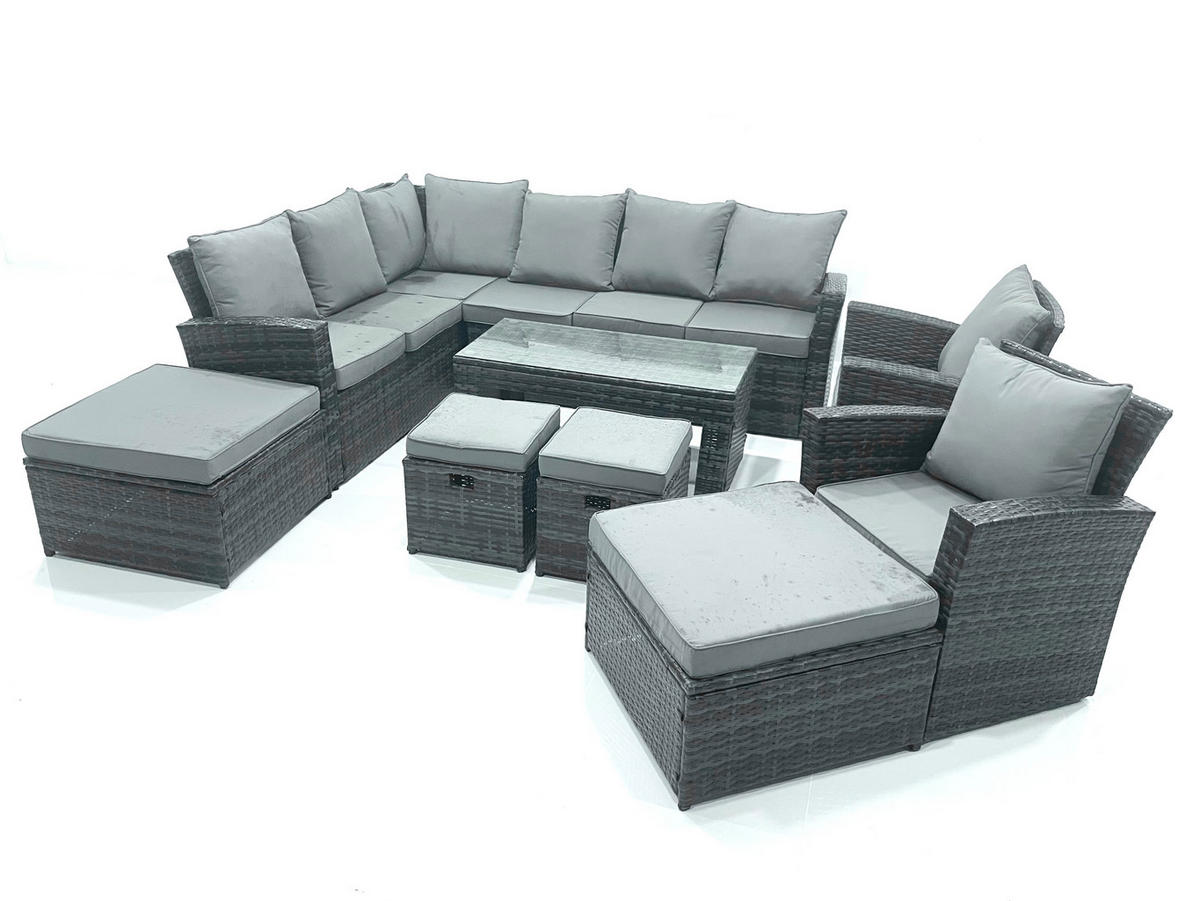 BALKONMÖBEL-SETS mit Ecksofa,Länglicher Couchtisch,4 Hocker,2 Sesseln Polyrattan Dunkelgrau 12-Sitzer - Dunkelgrau/Grau, Glas/Kunststoff - Fimous