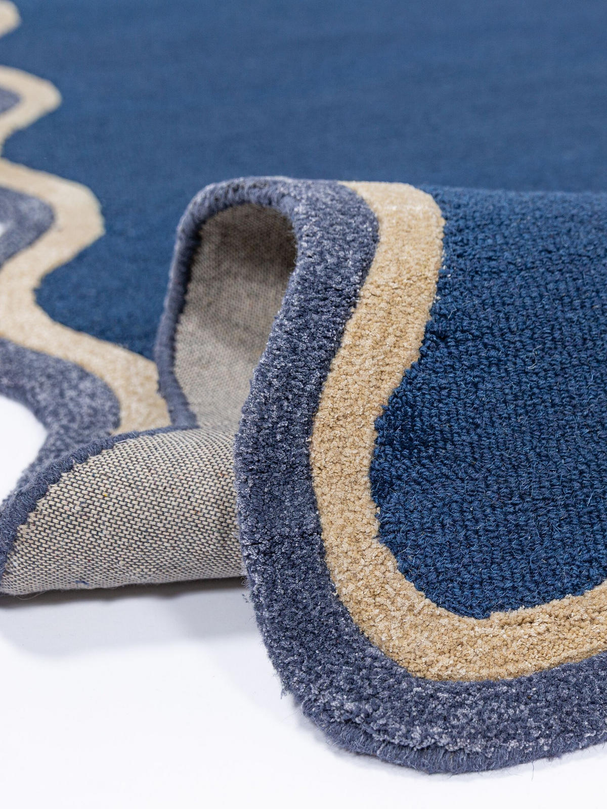 WOLLTEPPICH handgetuftet ALHAM, Wellenbordüre, Marineblau, 120 x 170 cm - Blau, Textil (120/170cm) - KADIMA DESIGN