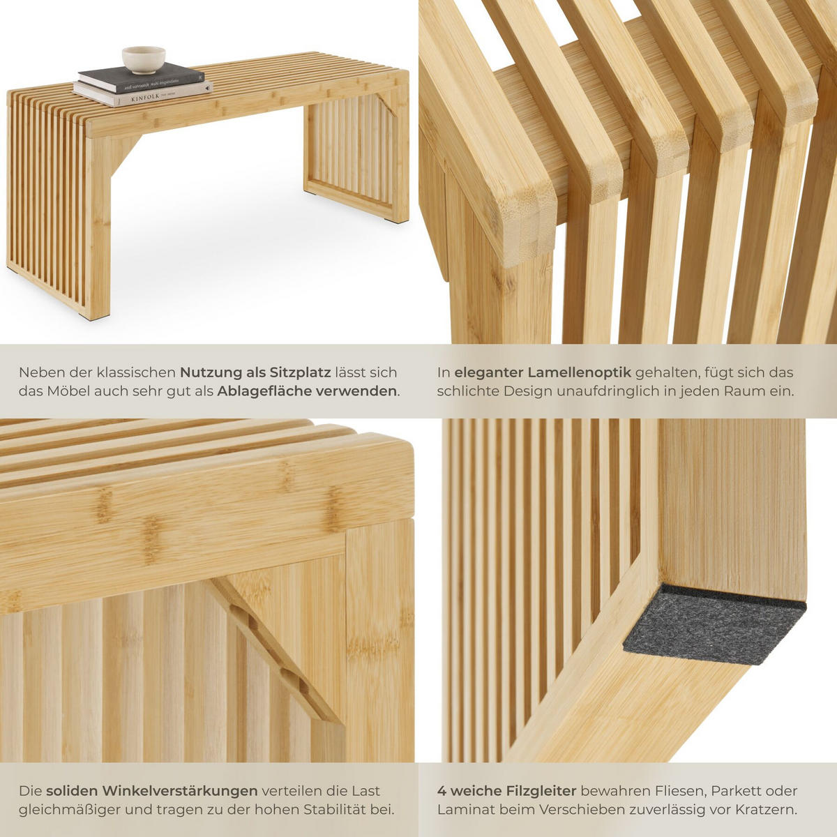 SITZBANK Ribb, Belastbarkeit 350 kg, Bambus - Beige, Holz (104/43/35cm) - tectake