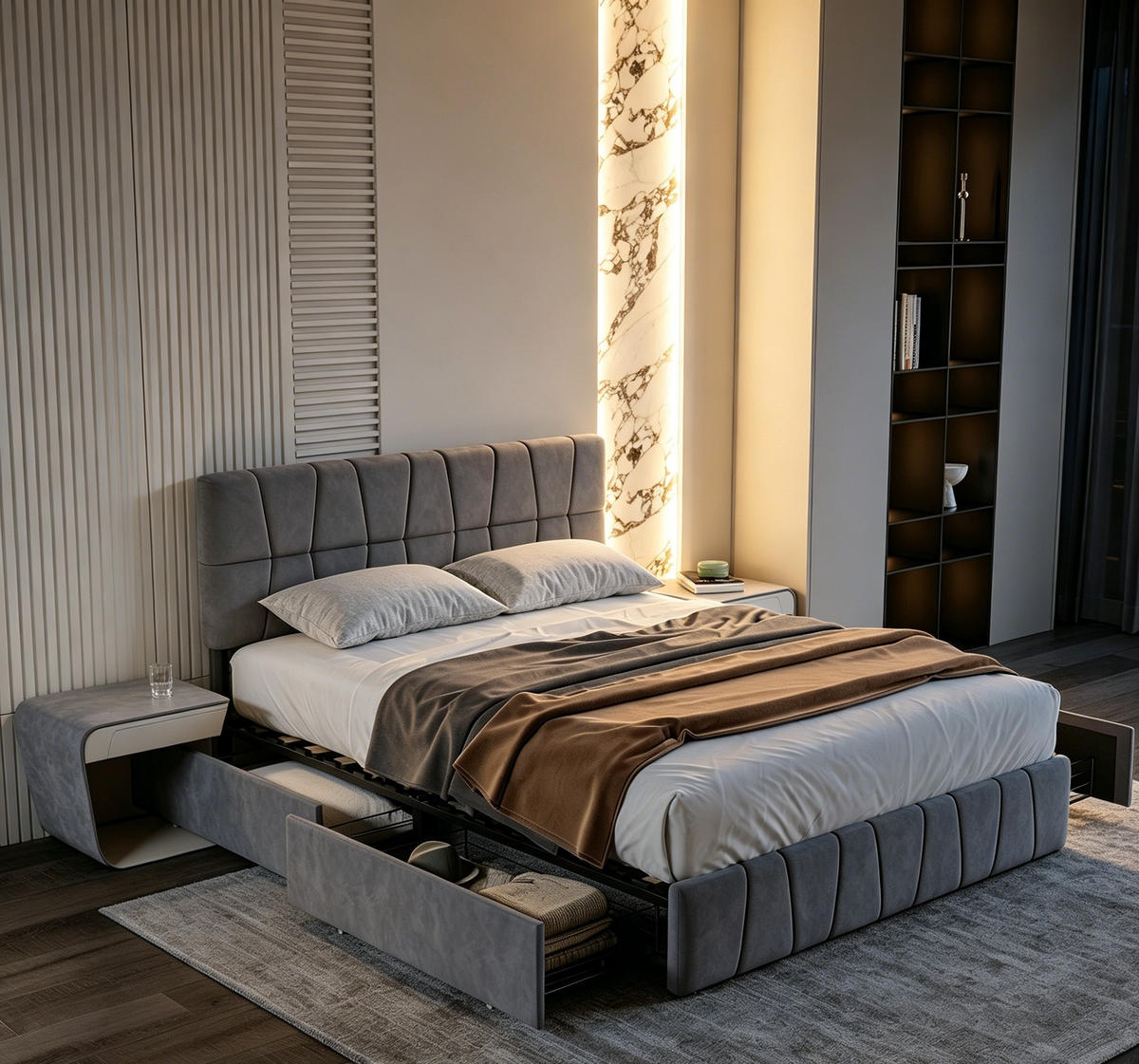 POLSTERBETT,DOPPELBETT 160/200 cm,Bettgestell Grau mit 4 Schubladen ohne Matratze - Naturfarben/Grau, Holz/Textil (160/200cm) - PARAFTA HOME