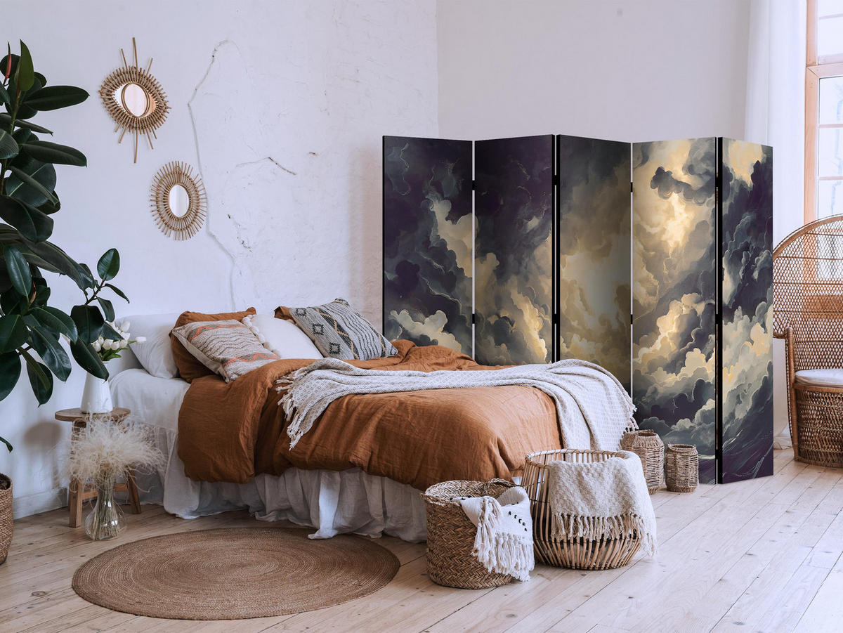 PARAVÁN Obojstranný 5-Dielny 225x172 cm Oblaky s 3D Efektom - sivá, drevo/textil (225/172/3cm) - Muralo