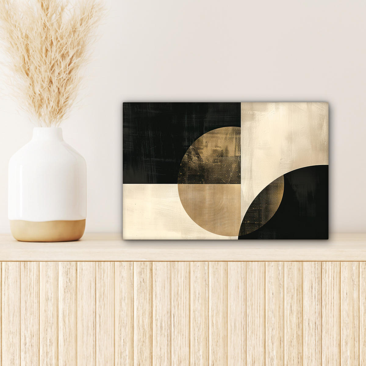 LEINWANDBILD Abstrakt - Geometrische Formen - Schwarz - Gold Deko Schlafzimmer 30x20 cm - Ecru, Textil (30/20cm) - MuchoWow