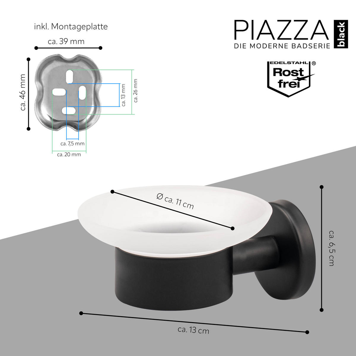 SEIFENSCHALE PIAZZA BLACK mit Kleber - Schwarz, Metall (11/6.5/13cm) - bremermann