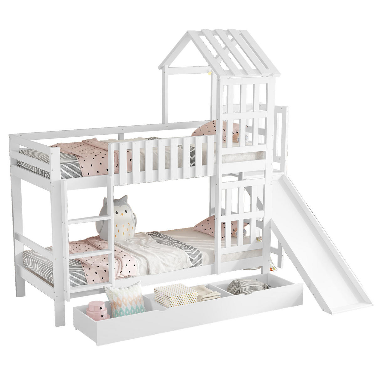 ETAGENBETT 90/200 cm Weiß mit großer Schublade und Spaßrutsche aus Kiefer und MDF - Weiß, Holzwerkstoff (90/200cm) - OKWISH