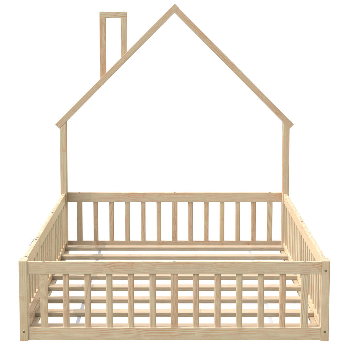 HAUSBETT 140/200 cm aus Kiefernholz – mit Dachaufbau und Sicherheitsgitter - Naturfarben, Holzwerkstoff (140/200cm) - BEAOK