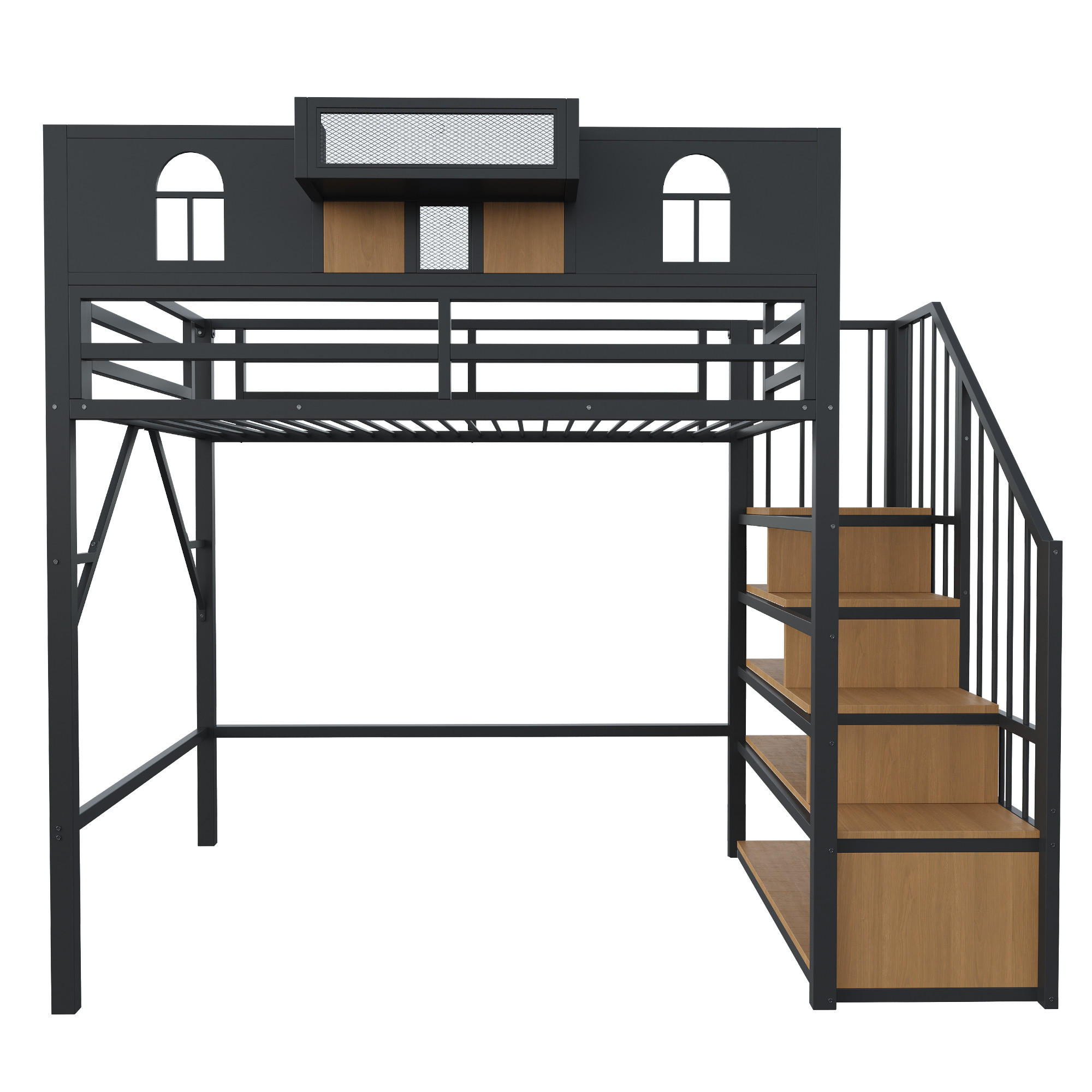 HOCHBETT 90/200 cm Schwarz mit Stautreppen, Lichtleisten und Staufächer - Schwarz, Metall (90/200cm) - Oxeza