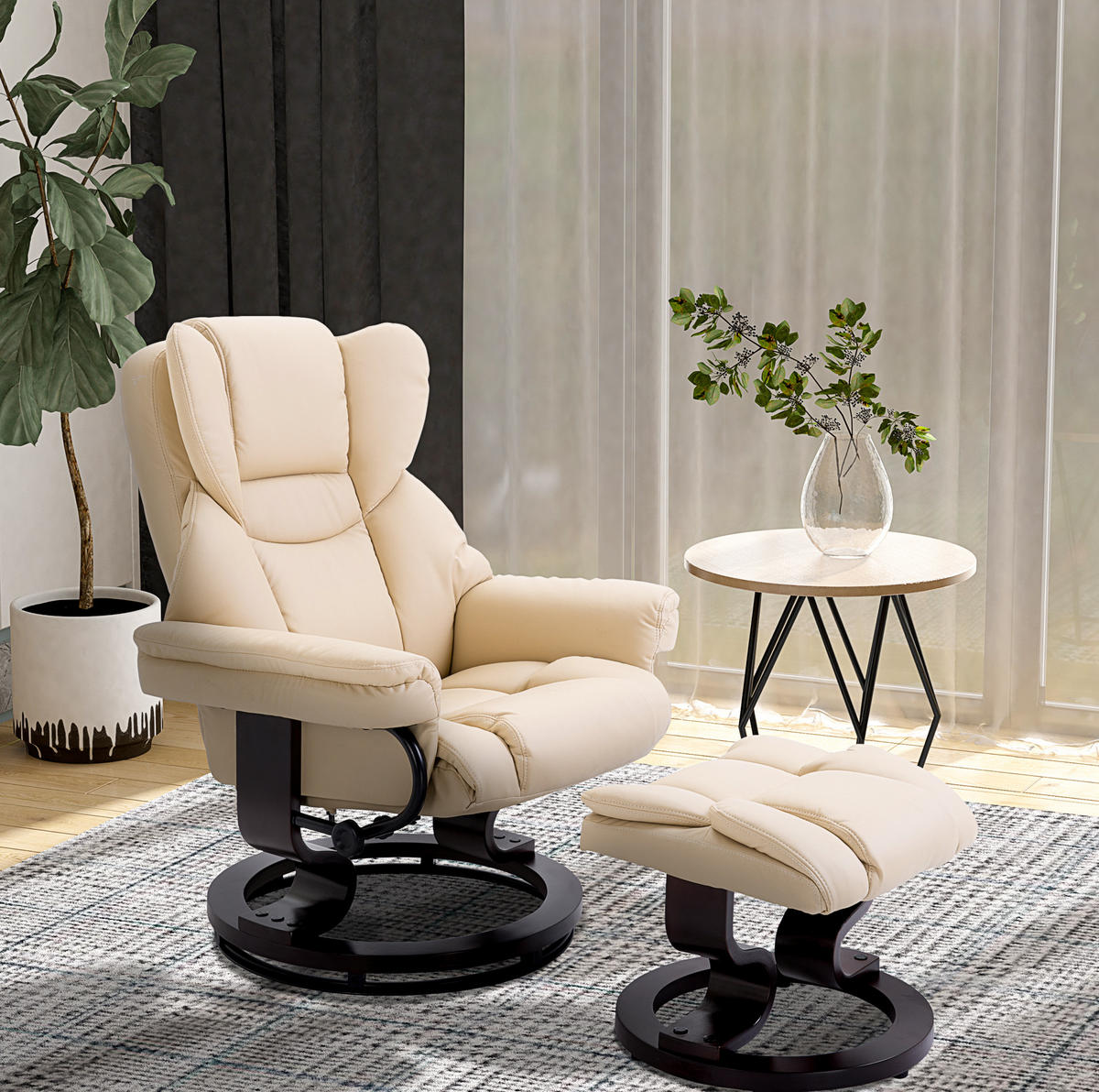 RELAXSESSEL-SET mit Hocker Kunstleder 360° drehbar, 145° neigbar 80/79/100 cm Creme - Creme, Holz (79/100/80cm) - Redom