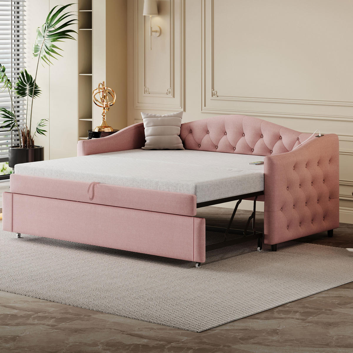 SCHLAFSOFA 90/200 cm in Rosa Leinen mit USB und Ausziehfunktion - Rosa, Holzwerkstoff/Textil (90/200cm) - WISHDOR