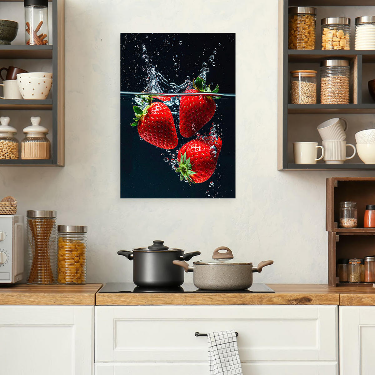 LEINWANDBILD, Erdbeeren fallen ins Wasser vor schwarzem Hintergrund - Rot, Textil (20/30cm) - Feeby