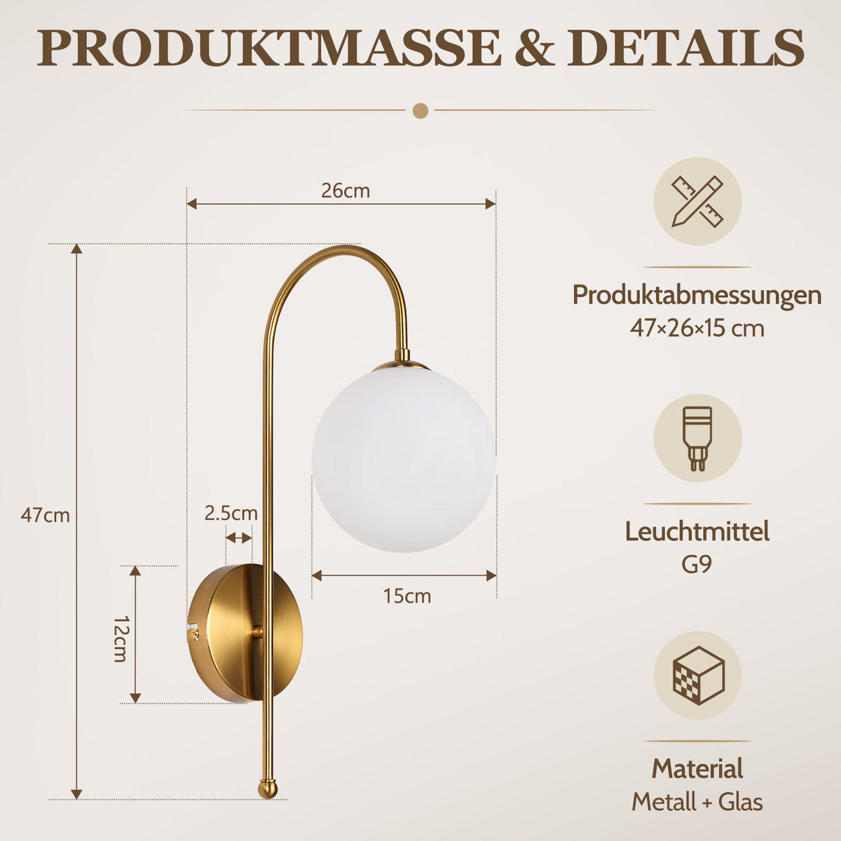 WANDLEUCHTE Myveth 26/15/47 cm - Goldfarben/Weiß, Glas/Metall (15/47/26cm) - ZMH