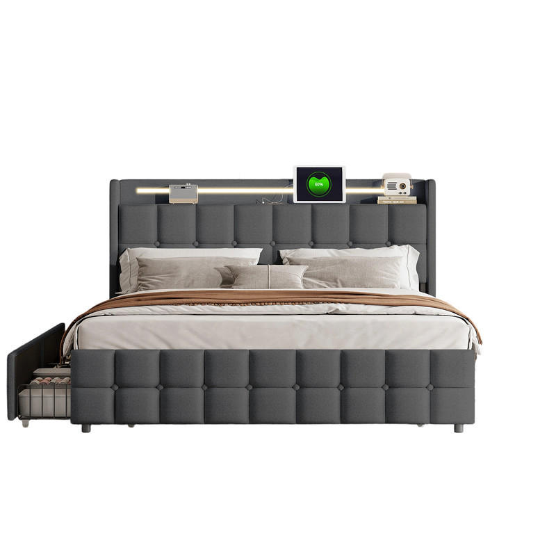 BETT 160x200 cm Polsterbett dunkelgrau mit Stauraum, RGB LED, USB & Lattenrost in Leinenoptik - Grau, Metall (160/200cm) - SHOPENTRA