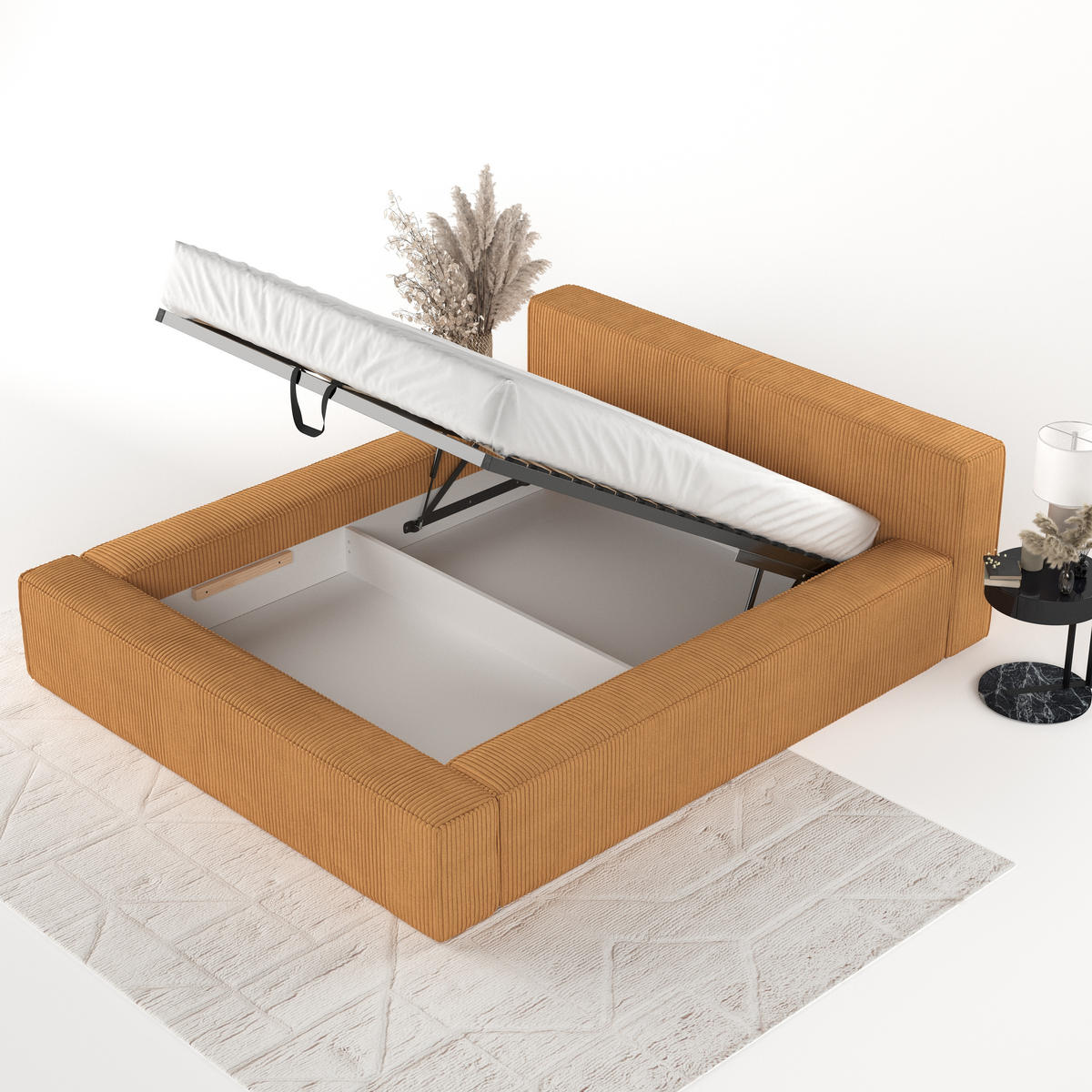 POLSTERBETT Casto mit Stauraum 160/200 cm Honiggelb im Poso Stoff - Schwarz/Naturfarben, Holz/Holzwerkstoff (160/200cm) - AltaBeds