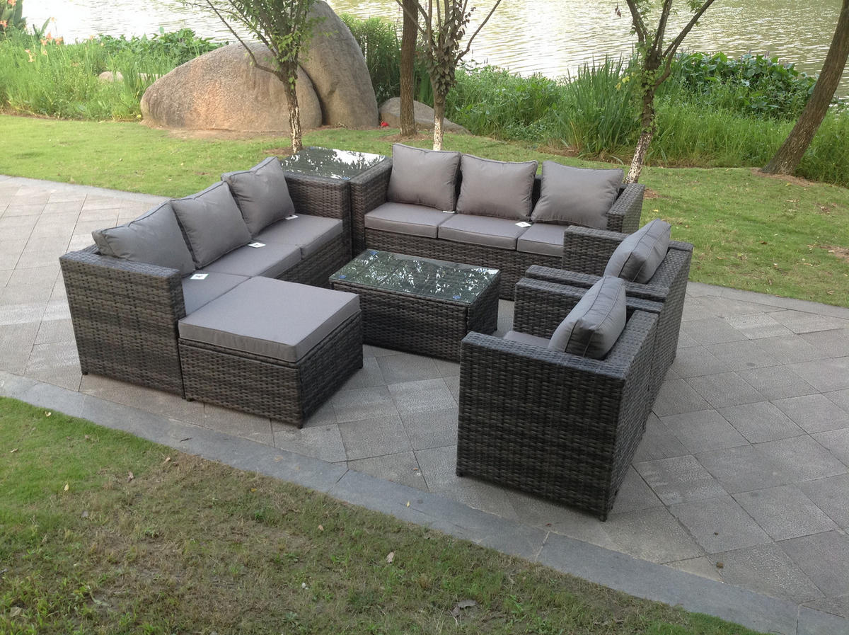 GARTENSET Polyrattan 9-Sitzer - Dunkelgrau/Grau, Glas/Kunststoff - Fimous