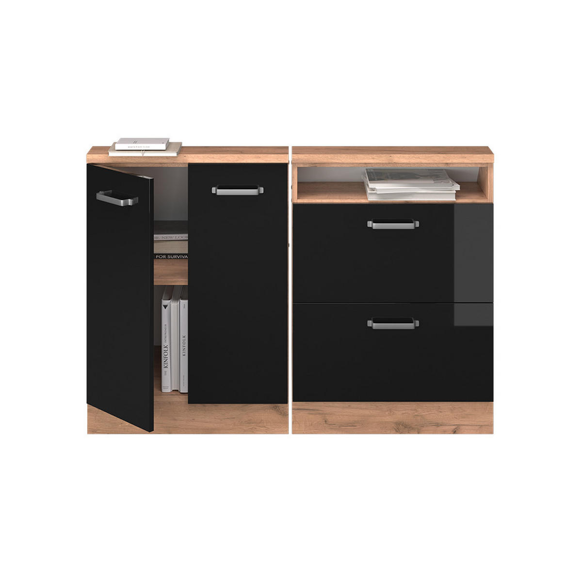 KUCHYŇSKÁ SKŘÍŇKA POD ŠIKMOU STŘECHU R-Line Černý/zlatý dub s vysokým leskem - medově dubová/černá, kompozitní dřevo (120/81.6/46cm) - Vicco