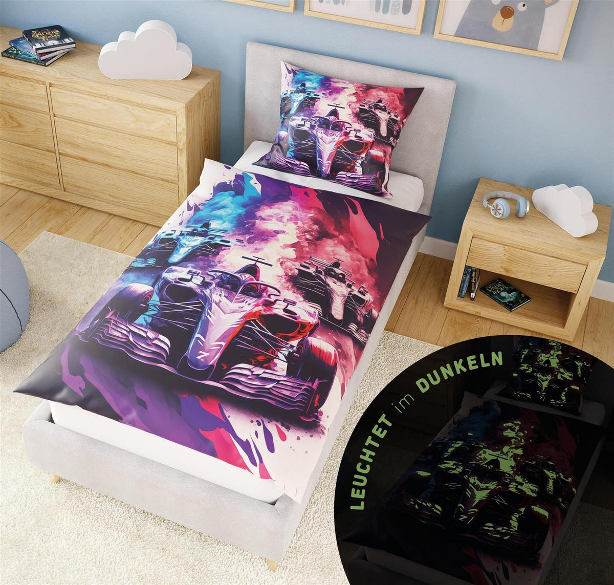 KINDERBETTWÄSCHE 135x200 cm Rennauto Autos aus 100% Baumwolle - Leuchtet um Dunkeln - Multicolor, Textil (135/200cm) - Carpe Sonno